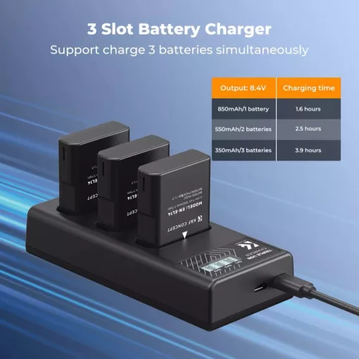 K&F Concept hordozható tripla USB-C akkumulátor MH-24 töltő, LCD + 3db EN-EL14 akkumulátor 1050mAh (KF-28-0100)
