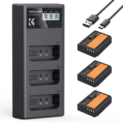 K&F Concept hordozható tripla USB-C akkumulátor LC-E10 töltő, LCD + 3db LP-E10 akkumulátor 1200mAh (KF-28-0090)