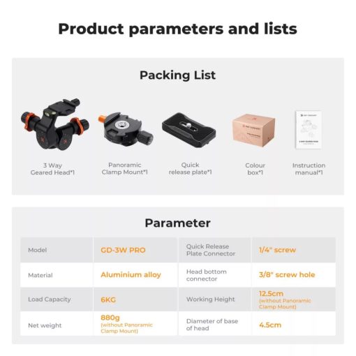 K&F Concept GD3W PRO panoráma állványfej, precíziós 3 irányú, 6?kg teherbírás, vízmérték, Arca Swiss (KF-31-127)