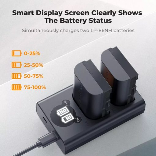 K&F Concept hordozható dupla USB-C akkumulátor LC-E6 töltő, LCD + 2db LP-E6NH akkumulátor 2600mAh (KF-28-0098)
