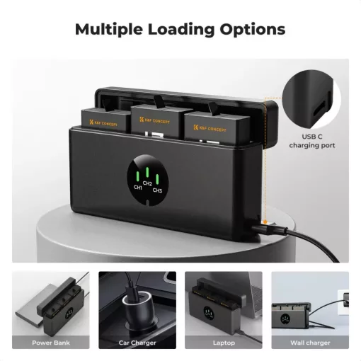 K&F Concept hordozható tripla USB-C akkumulátor töltő, LCD +3db GoPro Hero 13 akkumulátor 2100mAh (KF-28-0087)