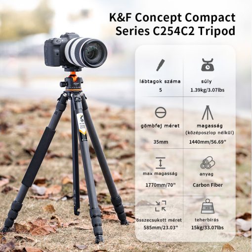 K&F Concept A254C4+BH-35L karbon állvány + monopod, fekete-narancs (KF-09-098)