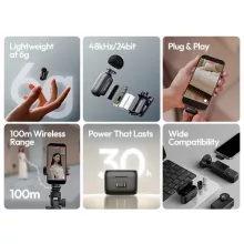 Ulanzi A200 mini csiptetős vezeték nélküli mikrofon, 2db mikrofon, zajszűrés, USB-C, fekete (UL-A046)