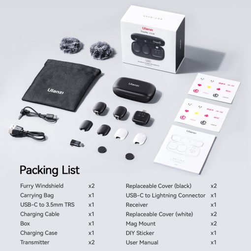 Ulanzi A30 vezeték nélküli Mini lavalier mikrofon, 2 mikrofon és 1 vevő, usb-c, lighting, fekete (UL-A014GBB1)