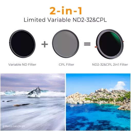 K&F Concept NANO-X, CPL+VARIO ND2-32 szűrő, w/o black cross, HD, vízlep, karcálló, törlőkendő, 46mm (KF-01-2050V1)