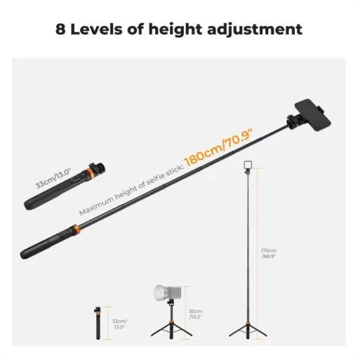 K&F Concept MS-24 állvány, 175cm, selfie bot, Gopro adapter, telefon adapter, bluetooth kioldó (KF-09-143)