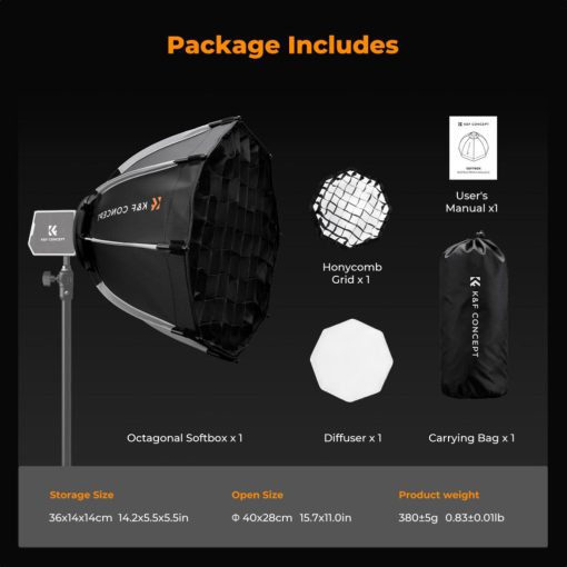 K&F Concept 40cm átmérőjű, octagonal softbox, gyorscsatlakozás, méhsejt rács, Mini Bowens csatlak. (KF-18-0013)