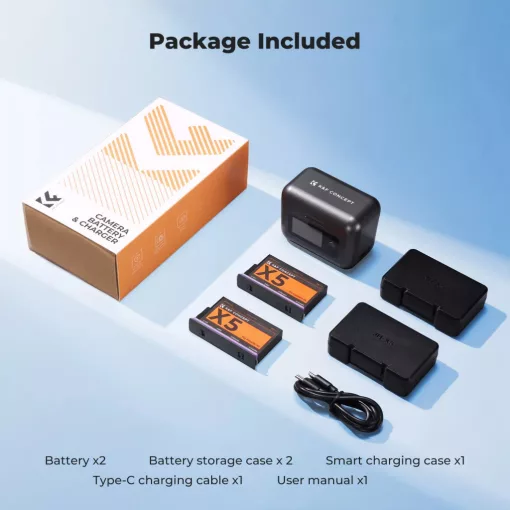 K&F Concept hordozható dupla USB-C akkumulátor töltő +2db DJI Insta 360 X5 akkumulátor, 2700mAh (KF-28-0128S1)