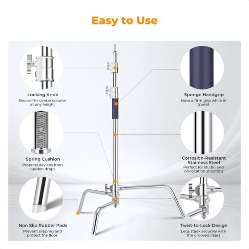 K&F Concept C-Stand állvány, 149cm-330cm, 20kg teherbírás, rozsdamentes acél (KF-34-037)